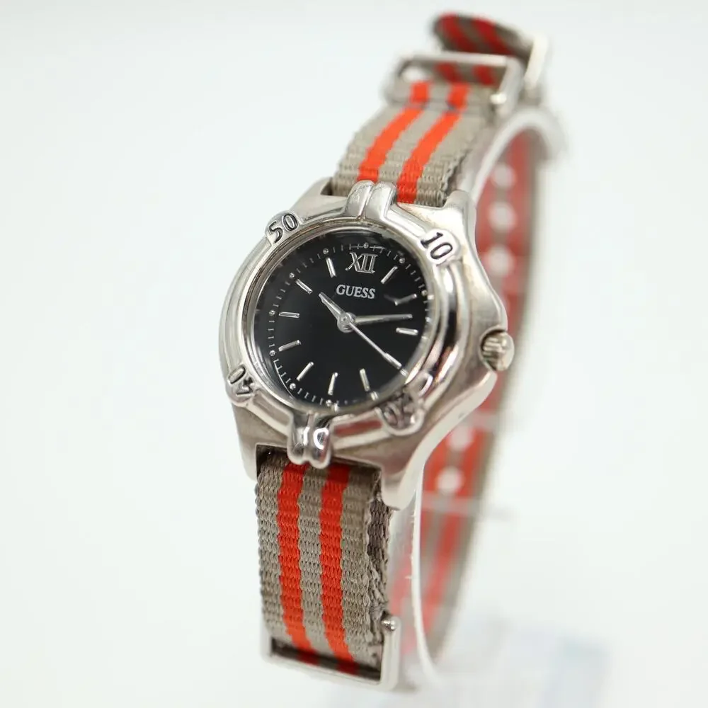 Vintage 1995 Guess Silver Tone Watch 26mm Black Dial Nylon Strap w New Battery